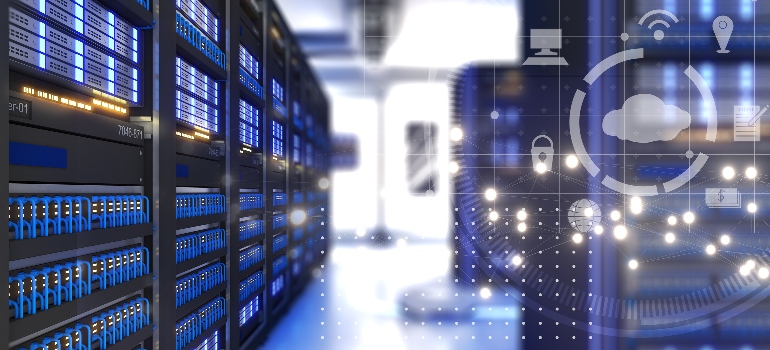 Data Center With Multiple Rows of Fully Operational Server Racks.