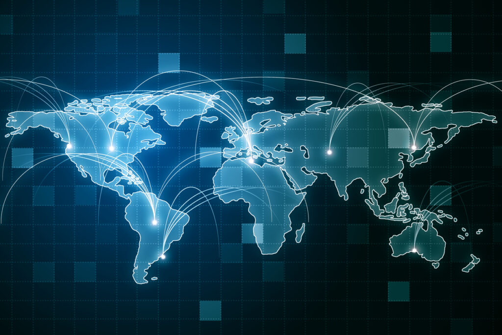 Digital world map with connections. Big data and technology concept. 3D Rendering